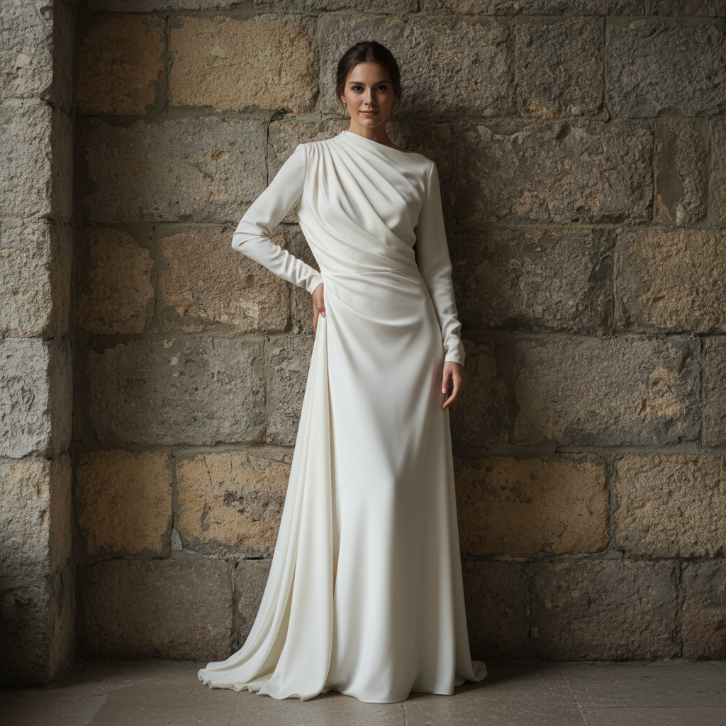 Luxury runway editorial with draped ivory fabric and dramatic lighting
