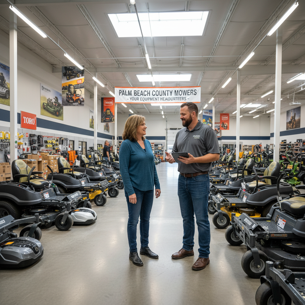 Palm Beach County Mowers staff member assisting customer with equipment selection in bright showroom