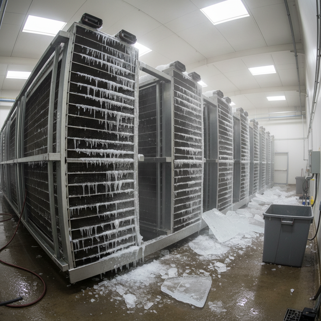 Industrial refrigeration coils showing restored airflow after emergency ice removal