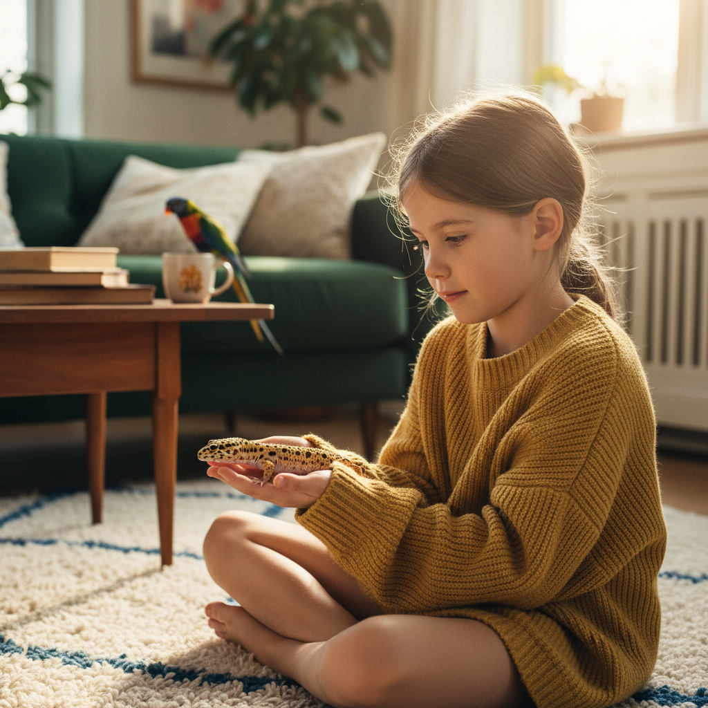 Child sitting cross-legged on a living room rug holding a leopard gecko in open palms, parrot perched on couch behind her, afternoon light filtering through window
