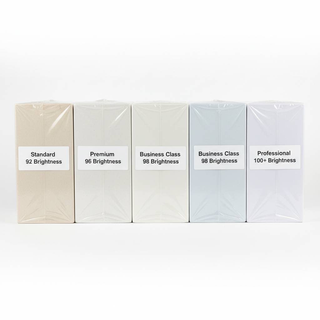 Premium copy paper reams displayed showing different quality grades and brightness levels