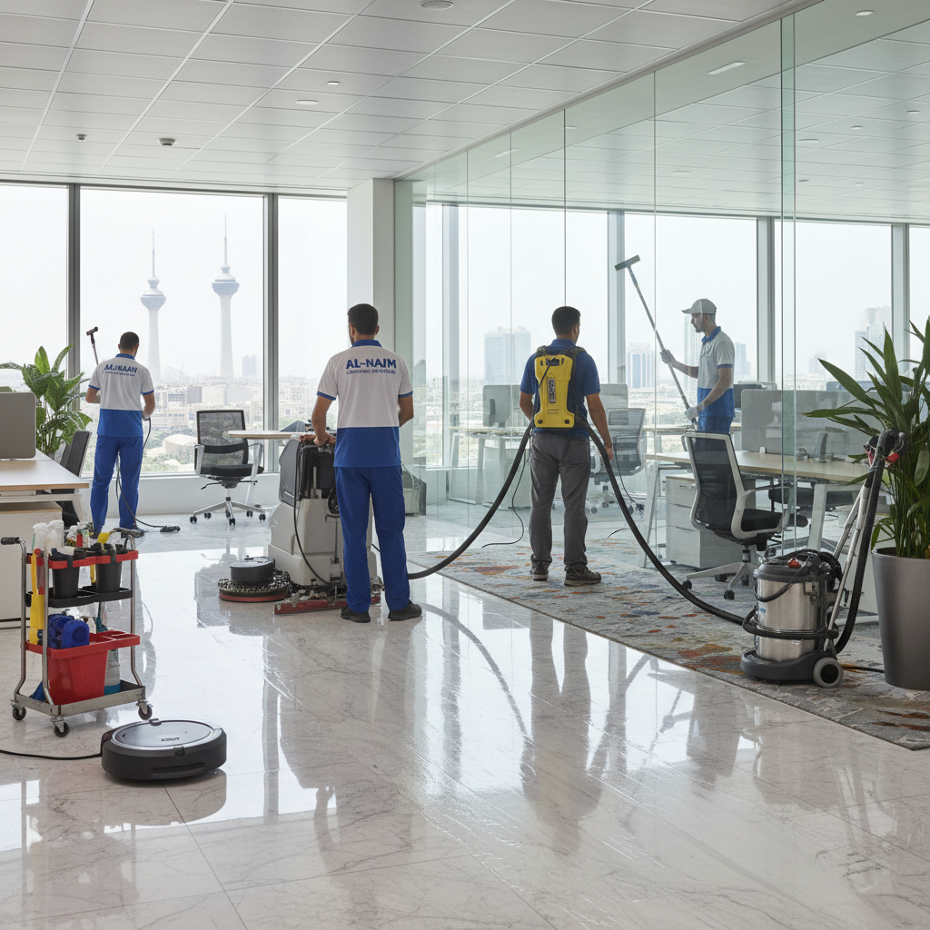 Professional cleaner in uniform carefully cleaning bright office space with gleaming windows and polished surfaces, well-lit airy environment