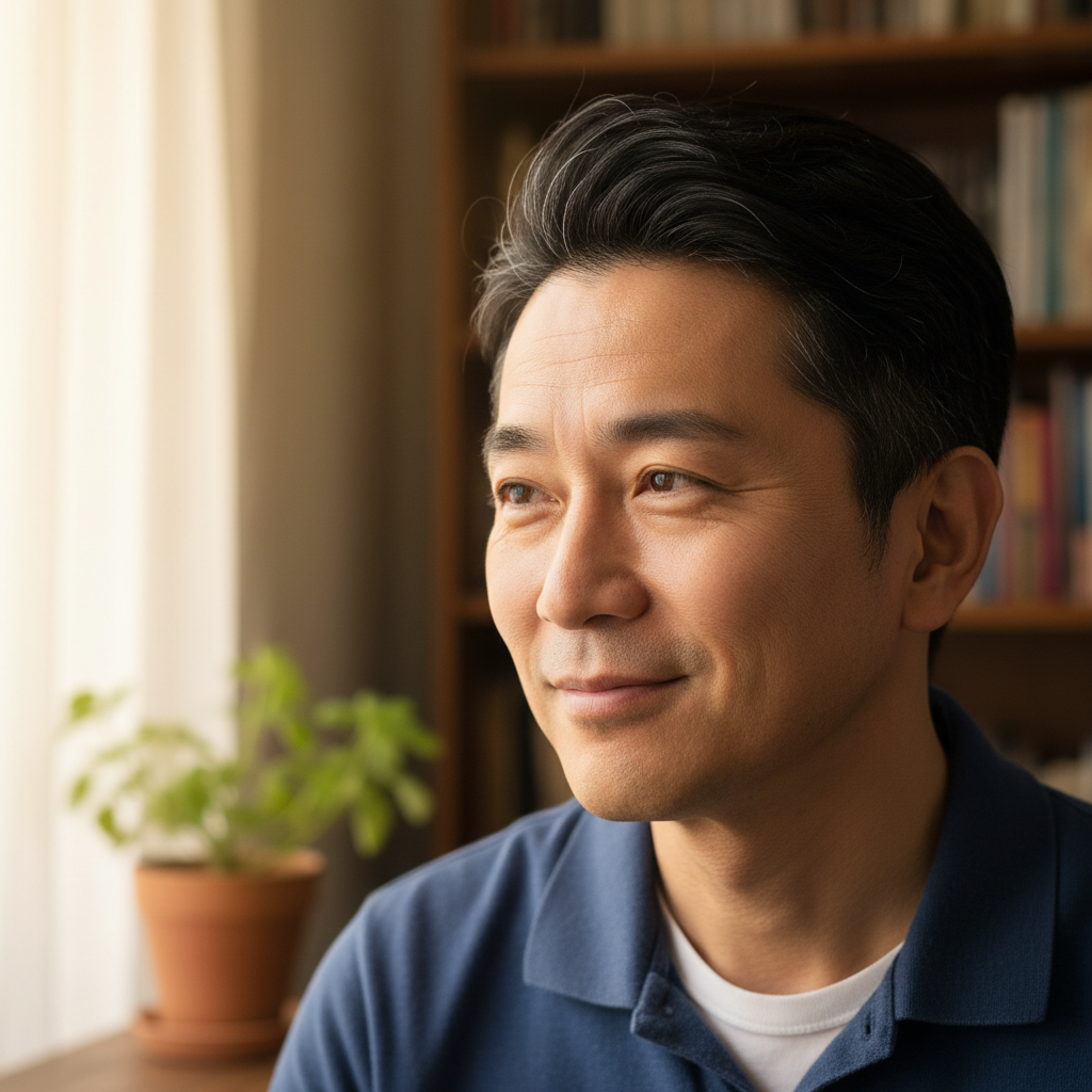 Japanese man in his 40s with a warm, nostalgic expression