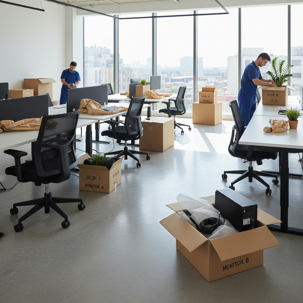 Modern office space with packed boxes and organized workstations ready for relocation, bright clean environment