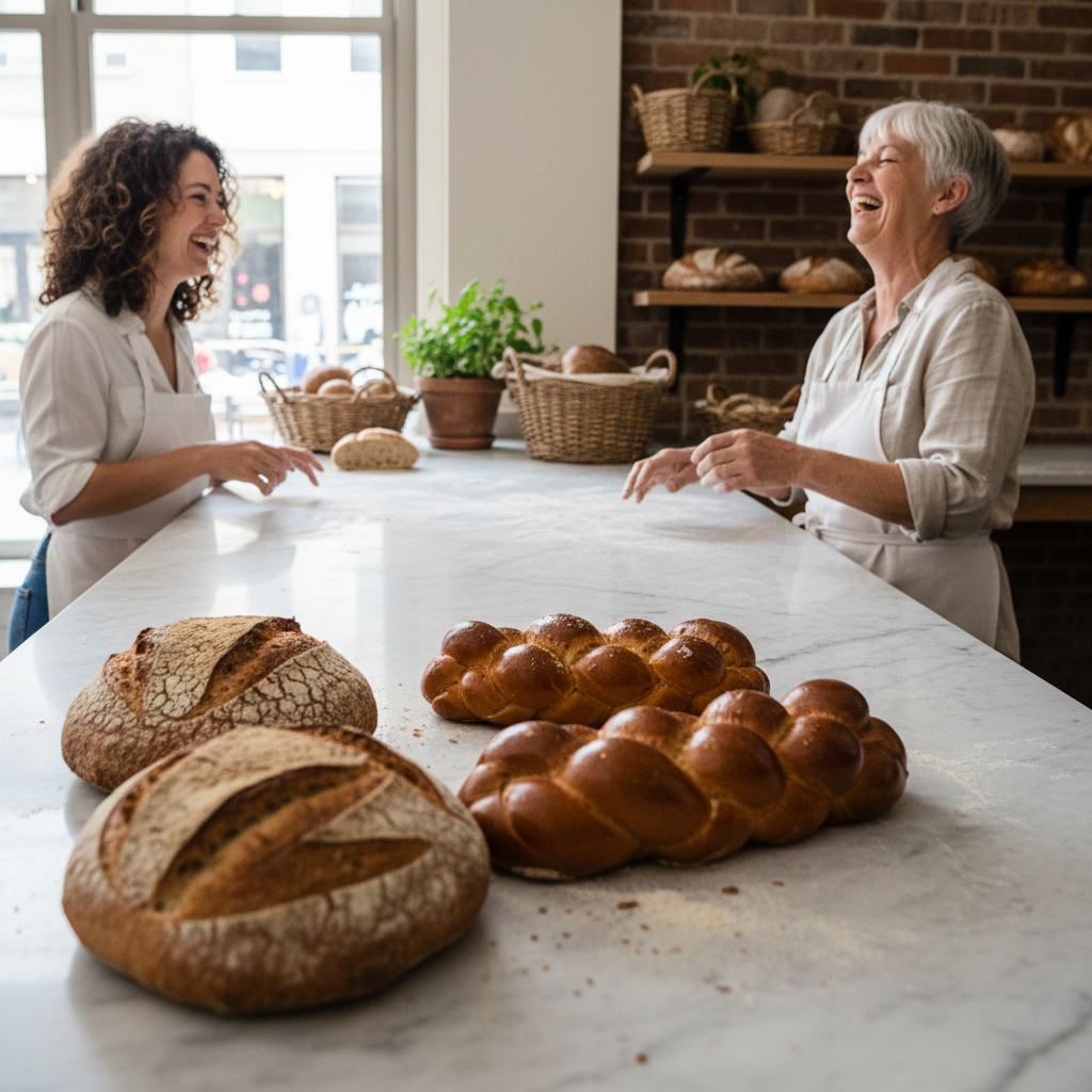 Marble counter with sourdough loaves, braided challah, and a silver-haired baker laughing with a customer at the far end, hands dusted white