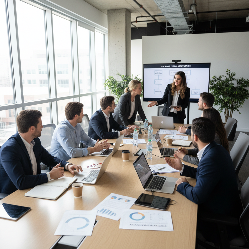 Professional sales team in business meeting discussing strategy and client relationships