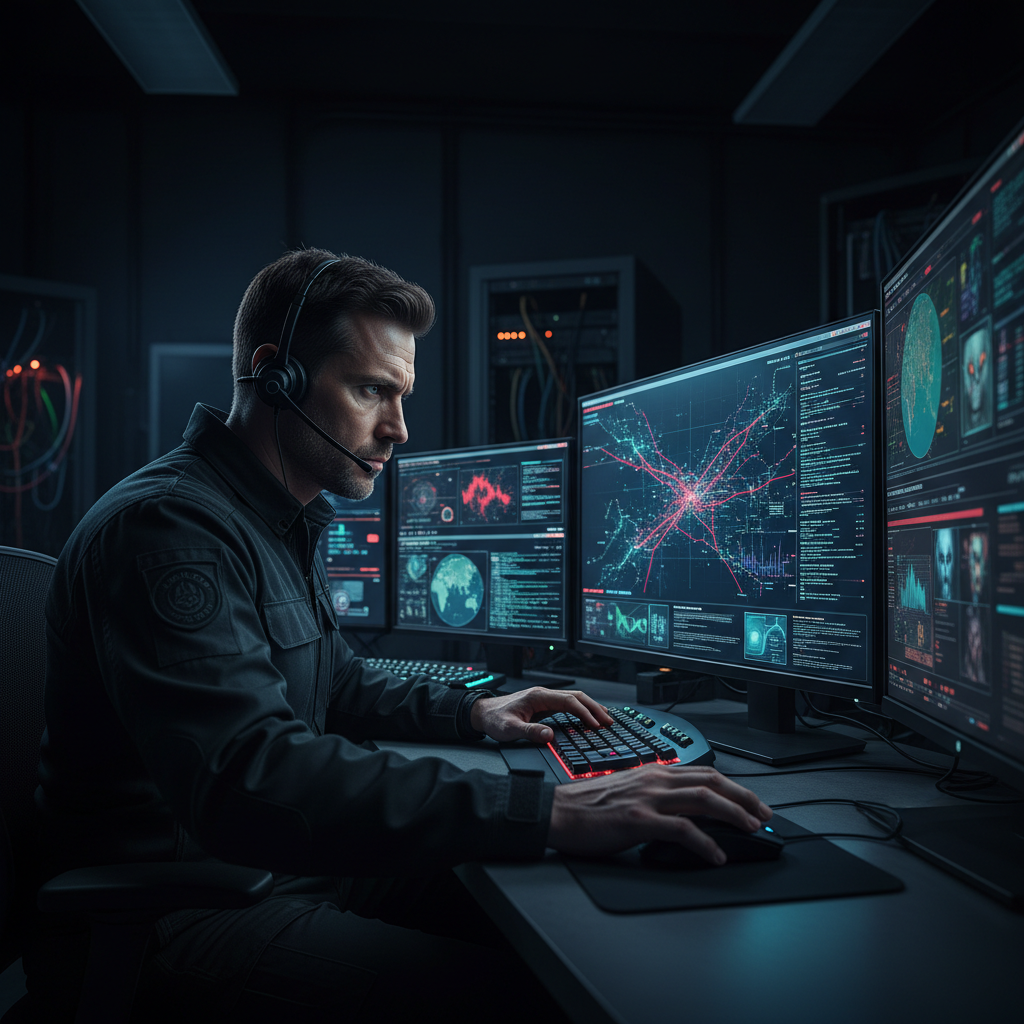 Cybersecurity specialist working on multiple monitors showing security dashboards and network diagrams