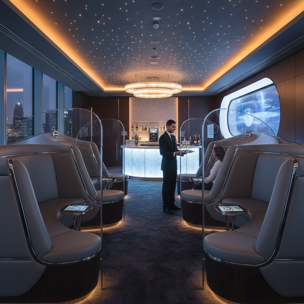 VIP lounge area with private pod seating and dedicated server access overlooking the main arena floor