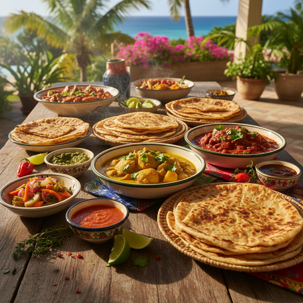 Vibrant Caribbean food spread with curries, roti and pepper sauce on a wooden table