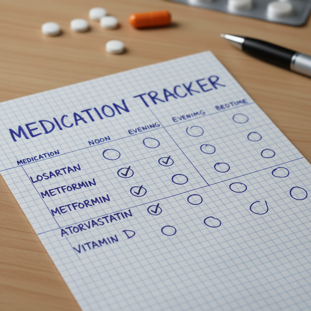 A handwritten medication tracking chart on graph paper with columns for morning, noon, evening, and bedtime doses