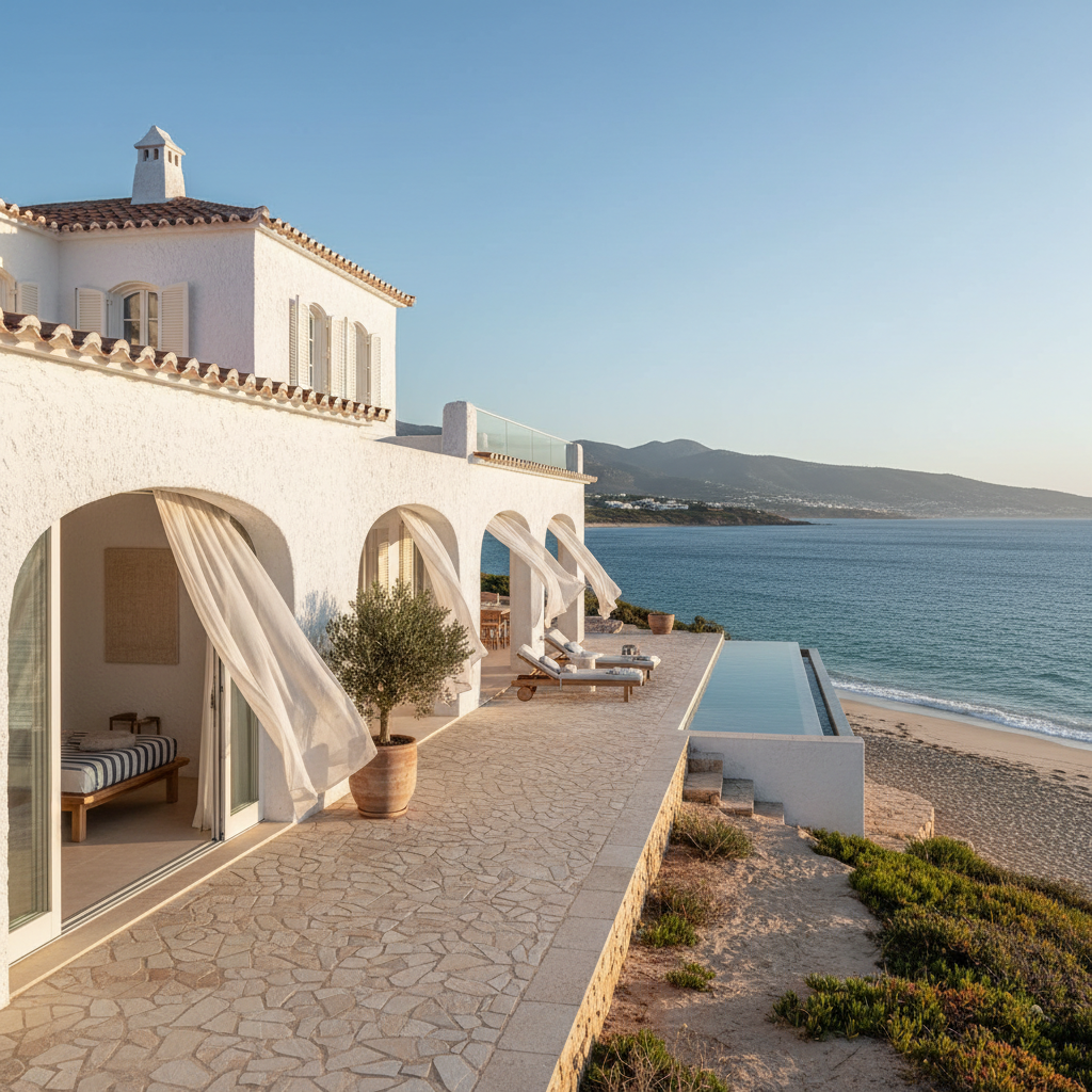 Luxury infinity pool overlooking Mediterranean sea, white villa architecture, clear blue water