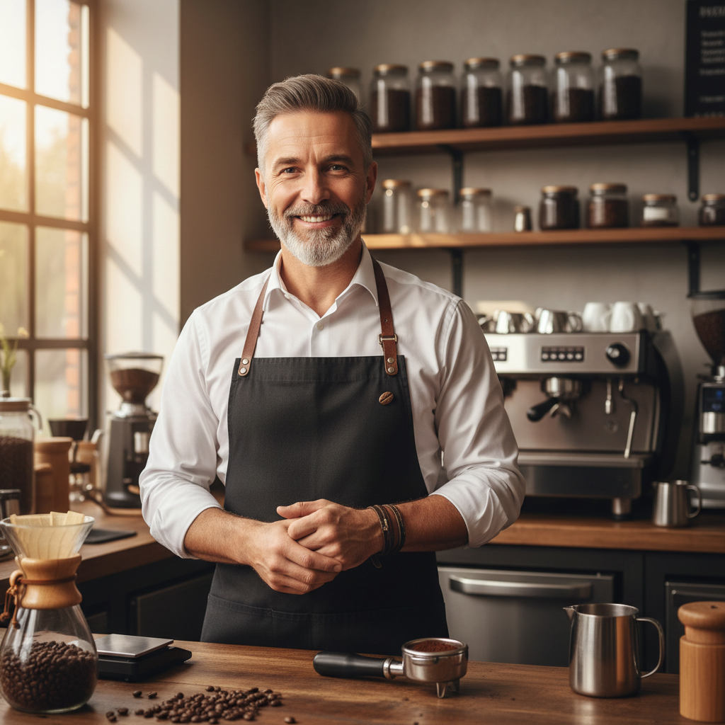 Barista James in apron smiling at coffee shop counter