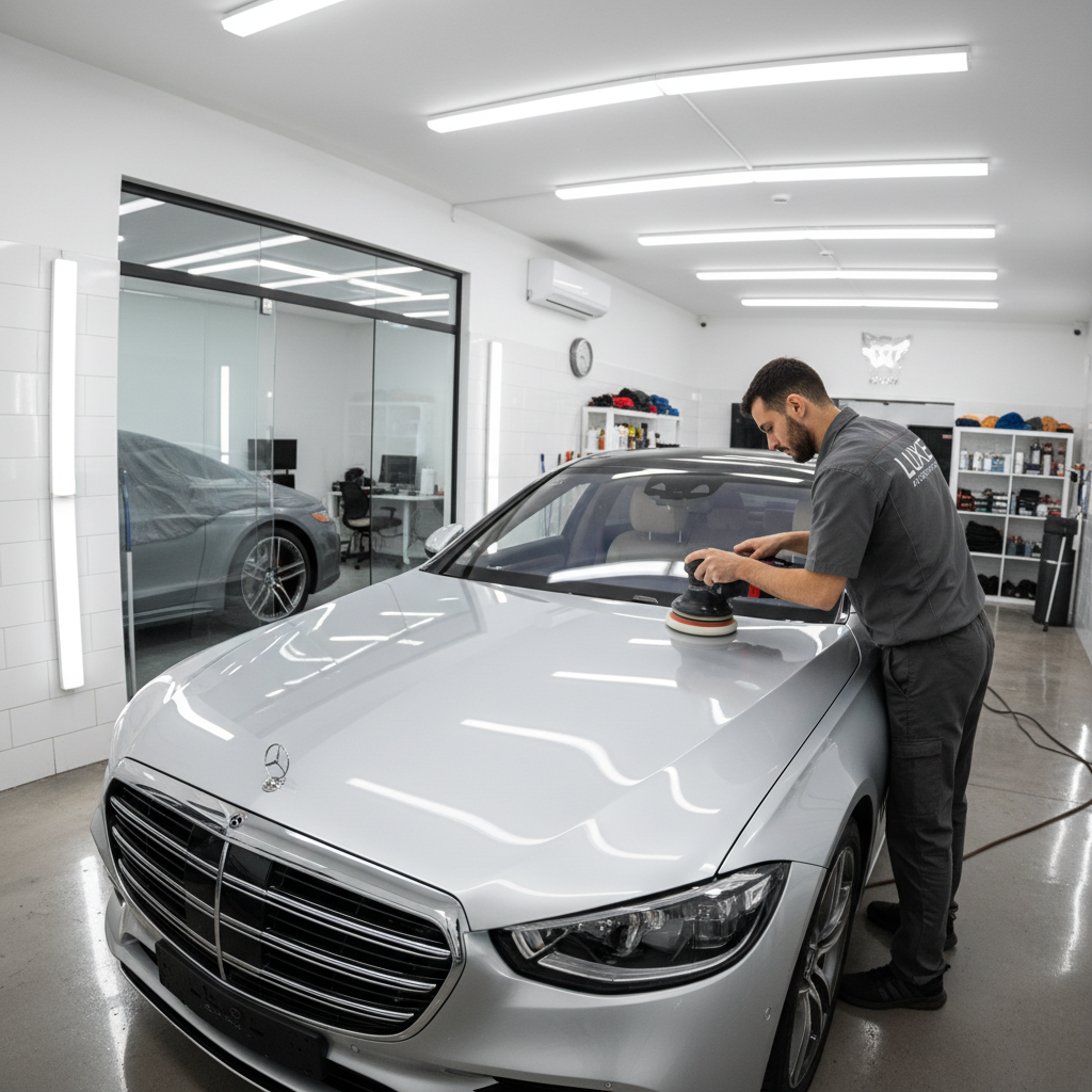 Professional auto detailer carefully polishing a silver luxury car exterior in a clean bright workshop, wearing blue uniform