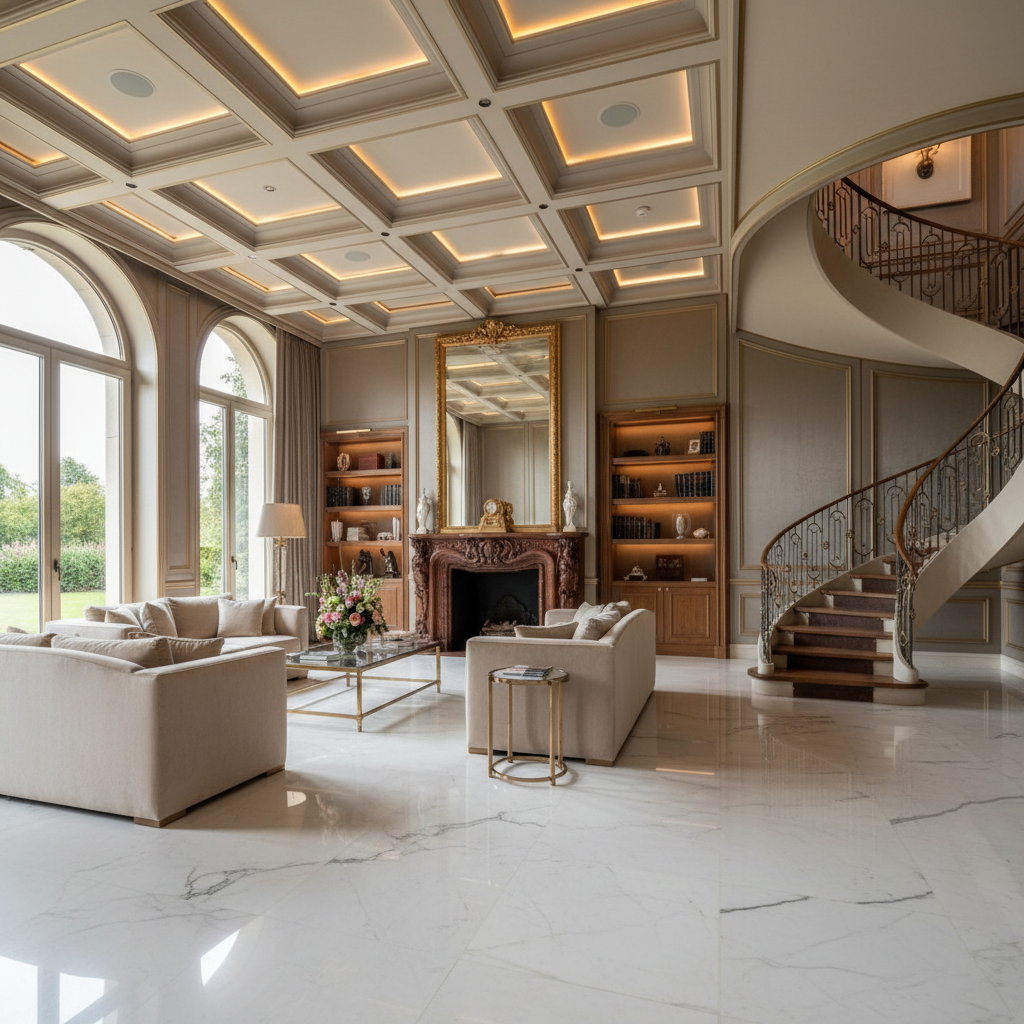 Elegant interior of a luxury property showing high-end finishes, marble floors and architectural detail that may not translate to investment value
