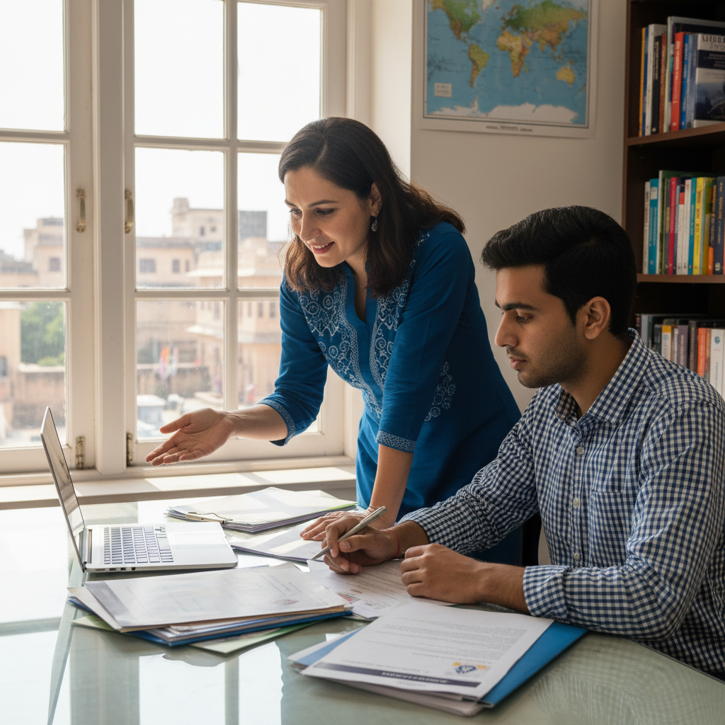 Professional education counsellor consulting with a student about overseas university options