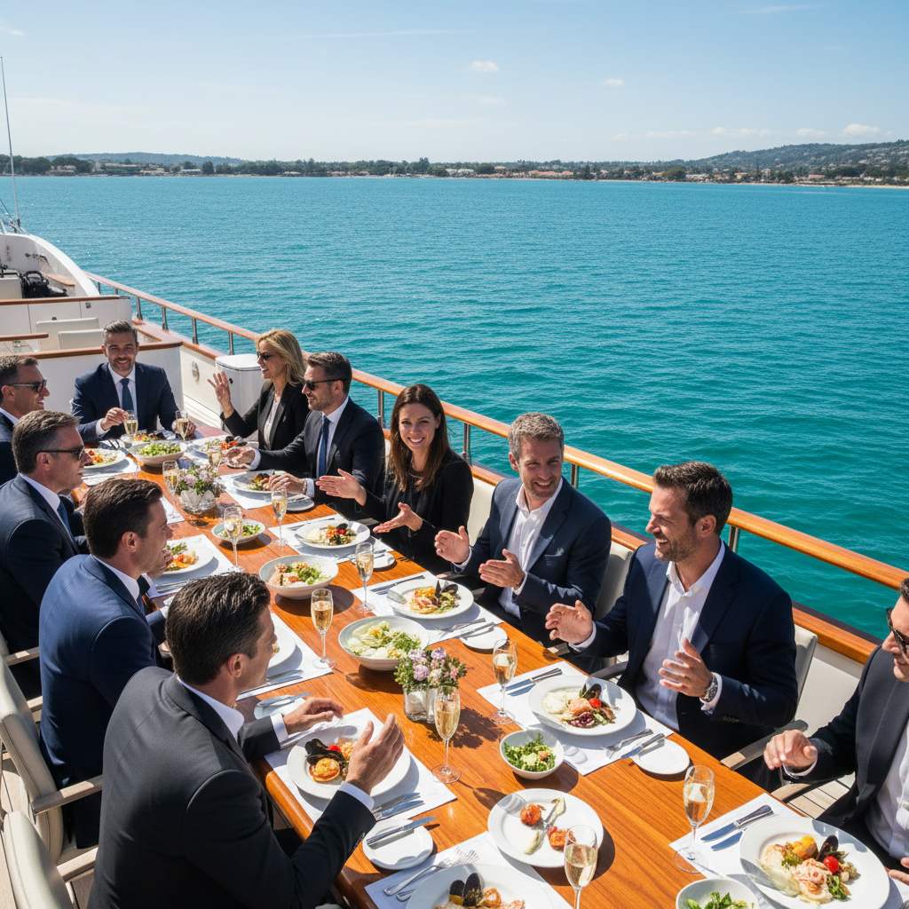 Business professionals meeting on yacht deck discussing partnership