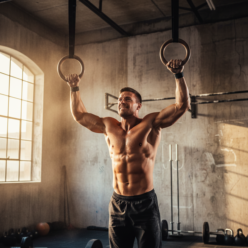 CrossFit athlete mid-muscle-up in raw concrete gym with afternoon chalk dust light