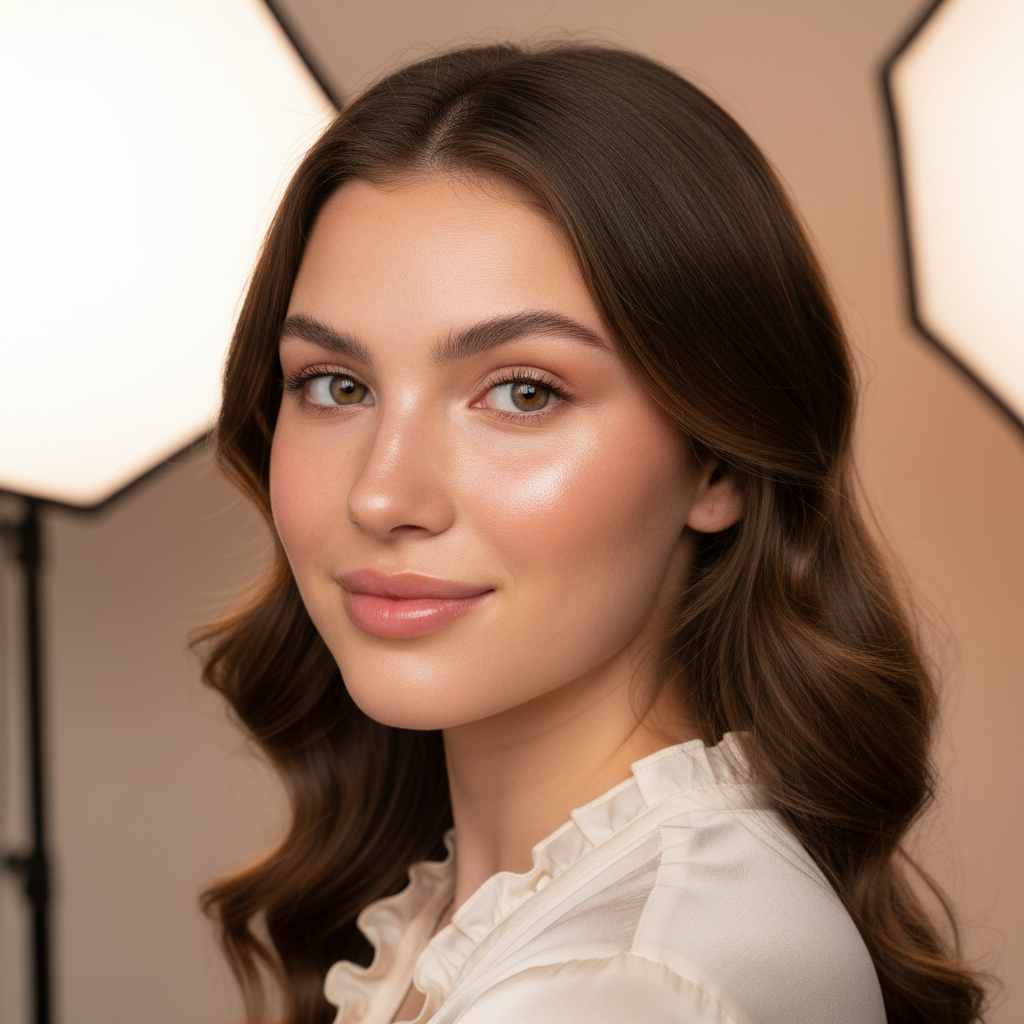 Beauty creator applying skincare product in warm studio light, vibrant skin tones, clean aesthetic background