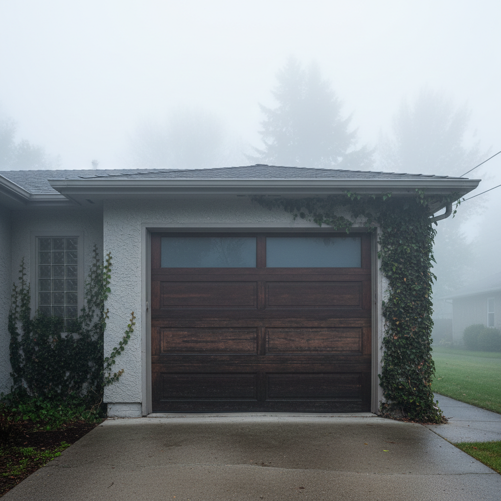Residential single-car garage in Sunset District San Francisco on a foggy morning