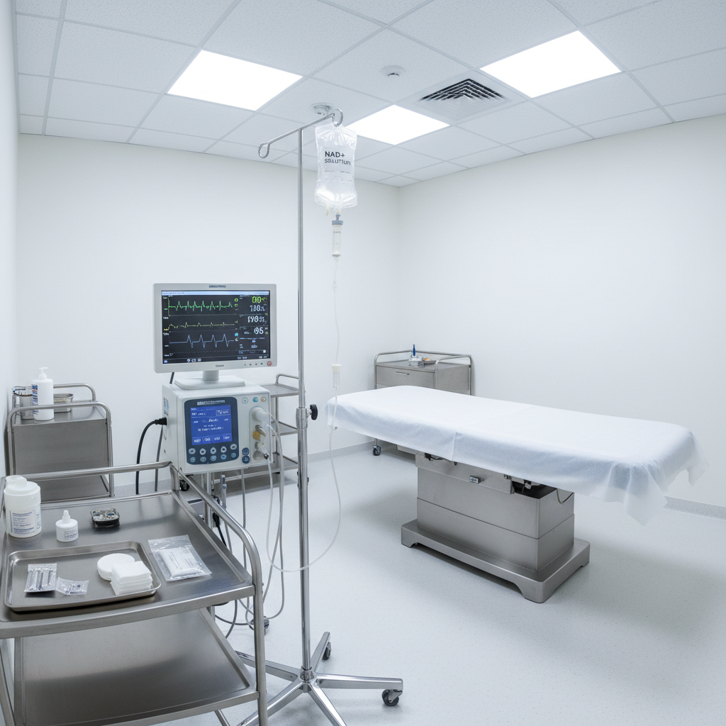 IV drip wellness infusion treatment in a luxury clinic with clean white surroundings and warm lighting