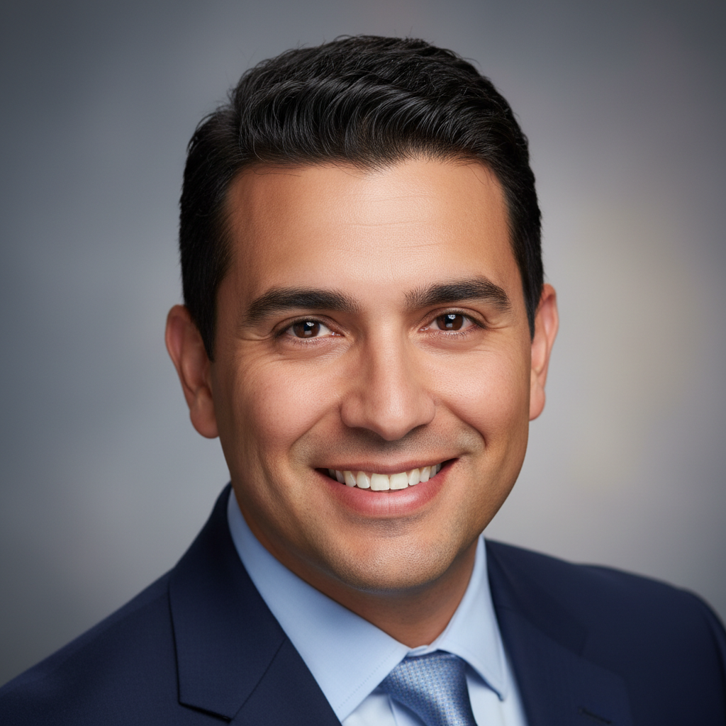 Professional headshot of Hispanic man with dark hair in business shirt smiling confidently