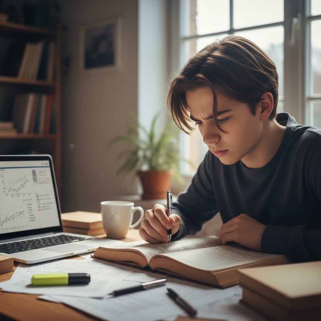 Teenage boy studying at a desk with a notebook, no computer