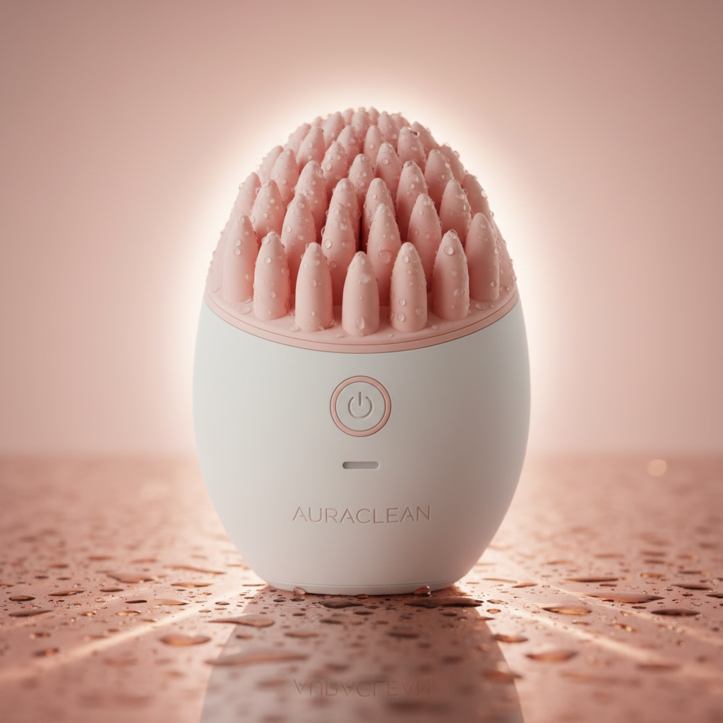 Pore sonic cleansing device — wet silicone bristles catching rose-gold backlight