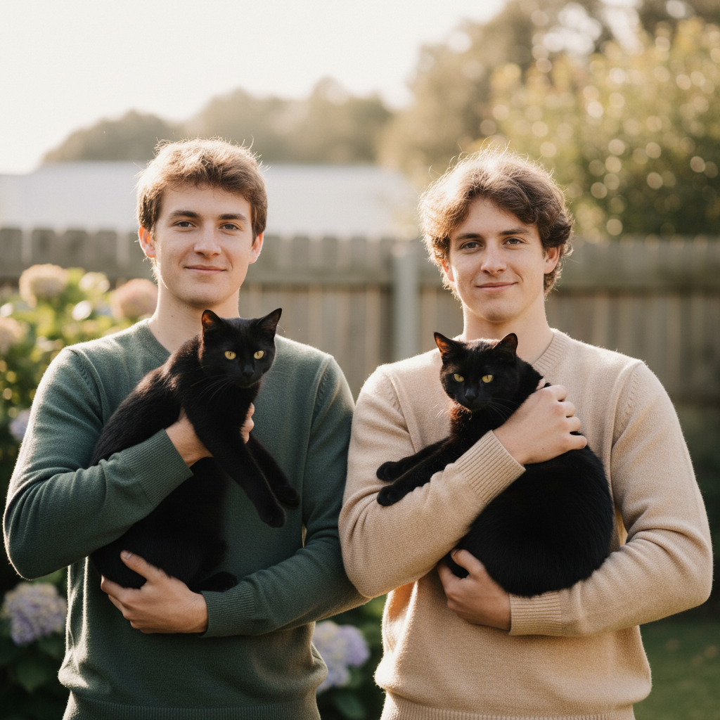 Two brothers side by side each holding an identical black cat