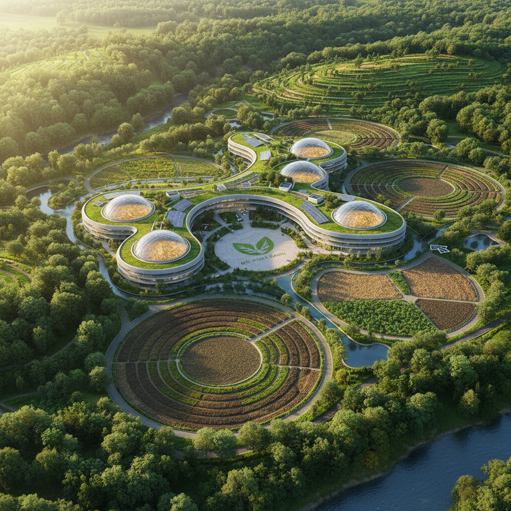 Aerial view of a circular waste processing facility surrounded by green trees in daylight, organised and clean industrial layout
