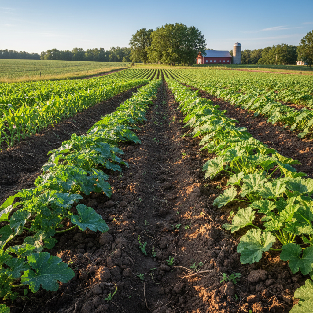 Rich agricultural soil with healthy crop plants, natural daylight, sustainable farming landscape