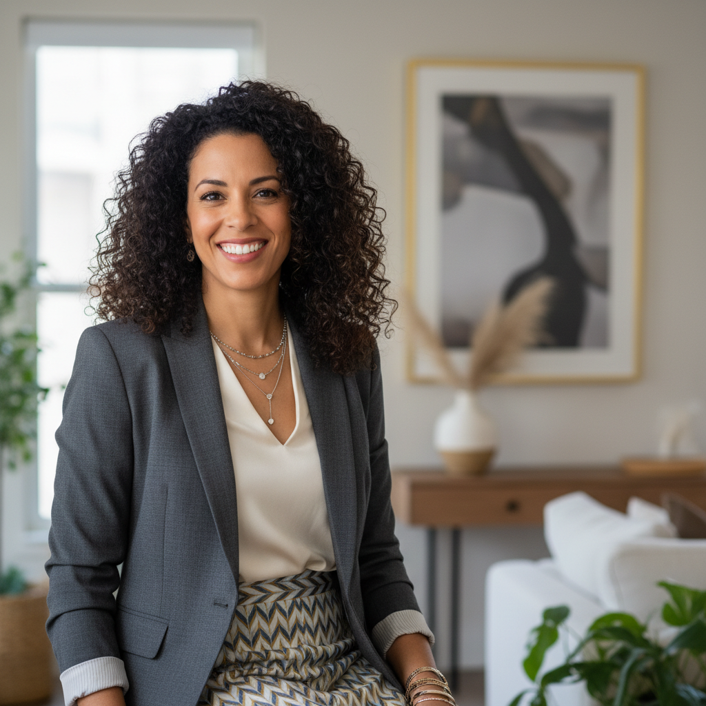 Melissa Crawford smiling woman with curly hair interior designer from Austin Texas