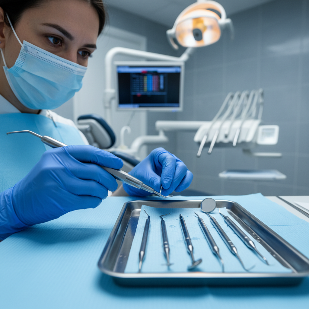 Dental hygienist preparing tools for a cleaning appointment