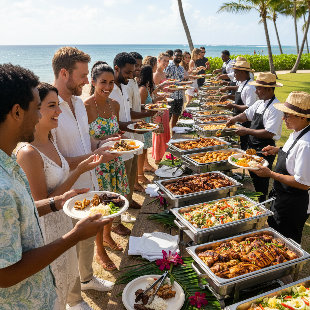 Guests lining up with plates at a Caribbean catering event, smiling and waiting for food
