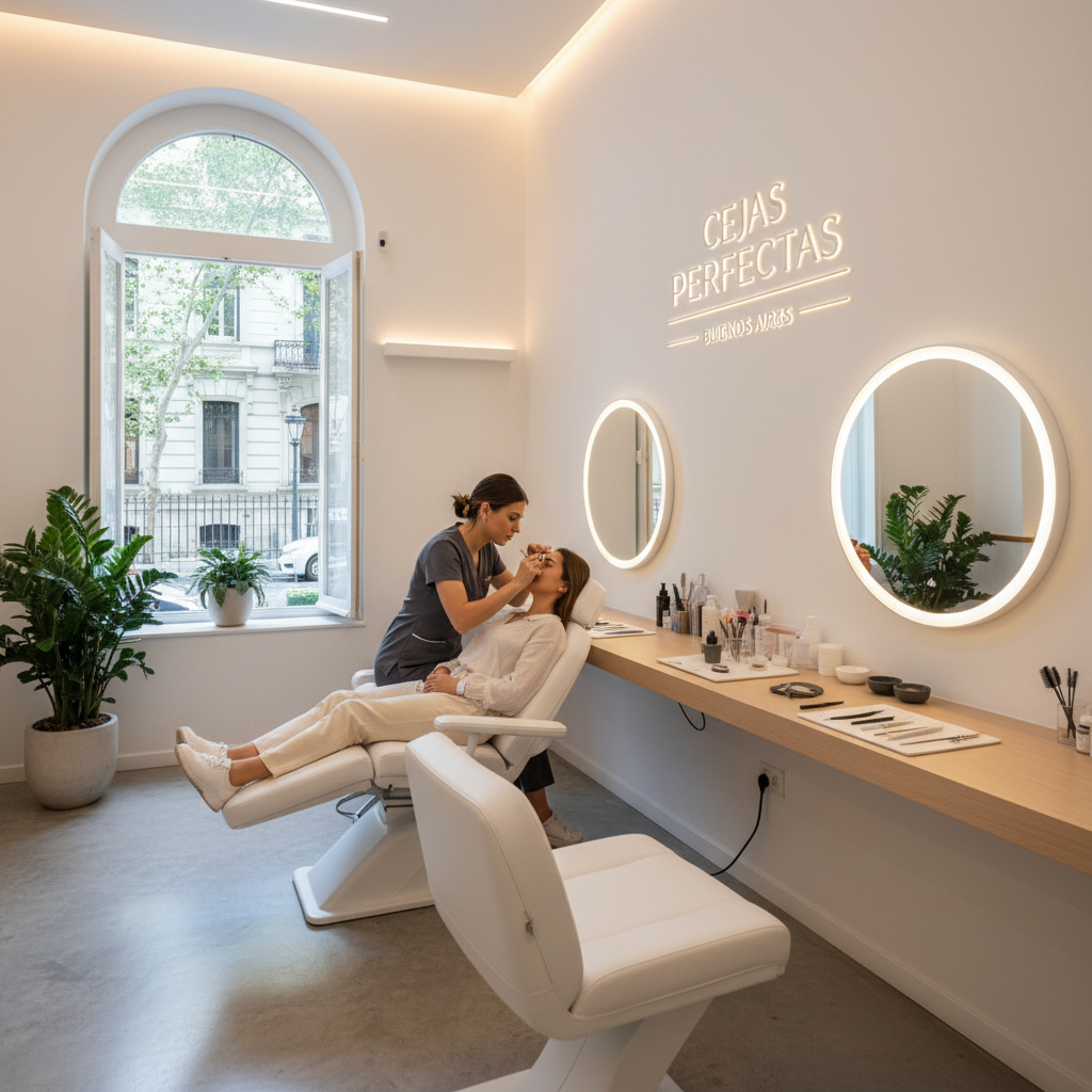 Model with beautifully laminated fluffy brows in a bright beauty salon setting