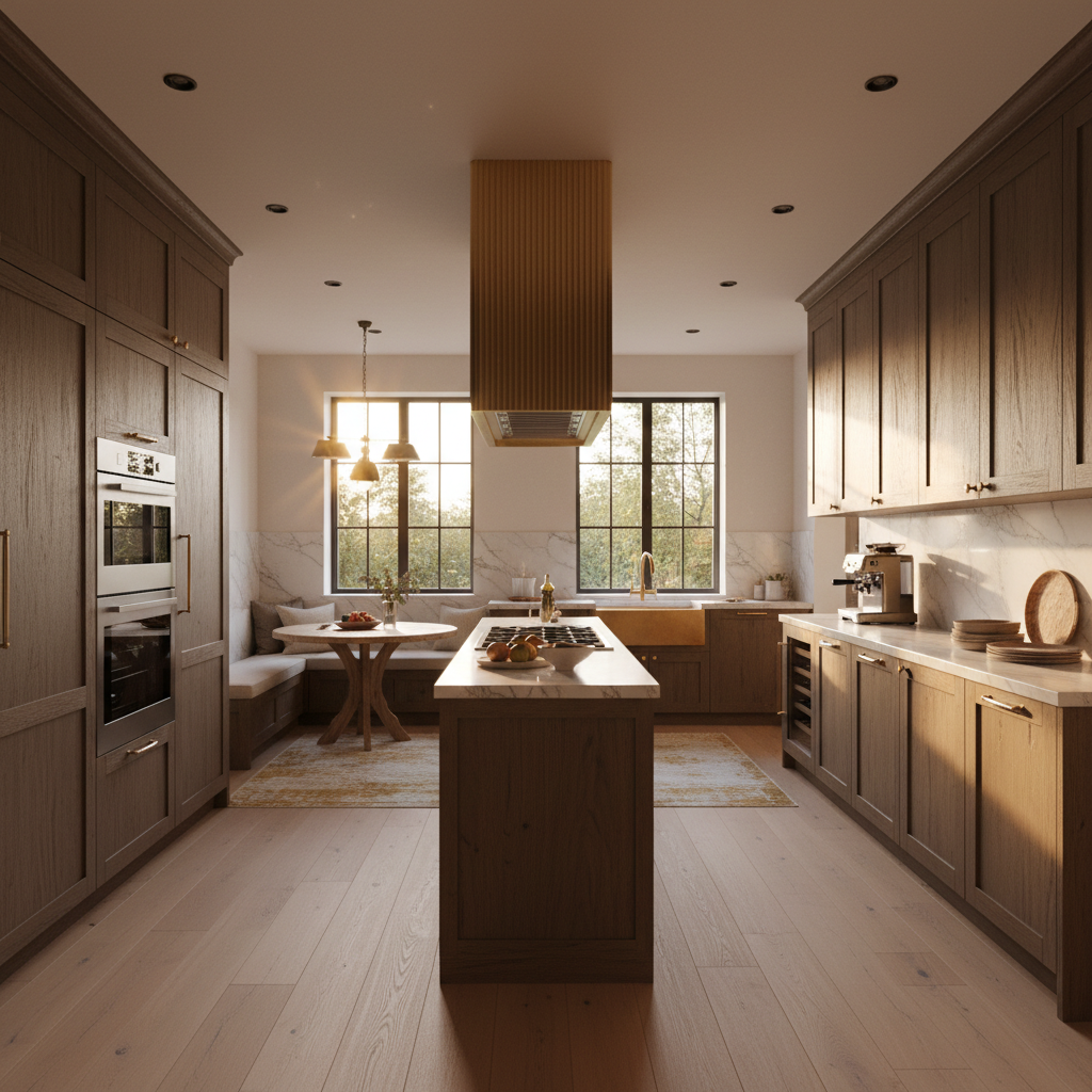 Cinematic real estate video still showing a beautifully lit luxury kitchen with warm golden hour light streaming through windows