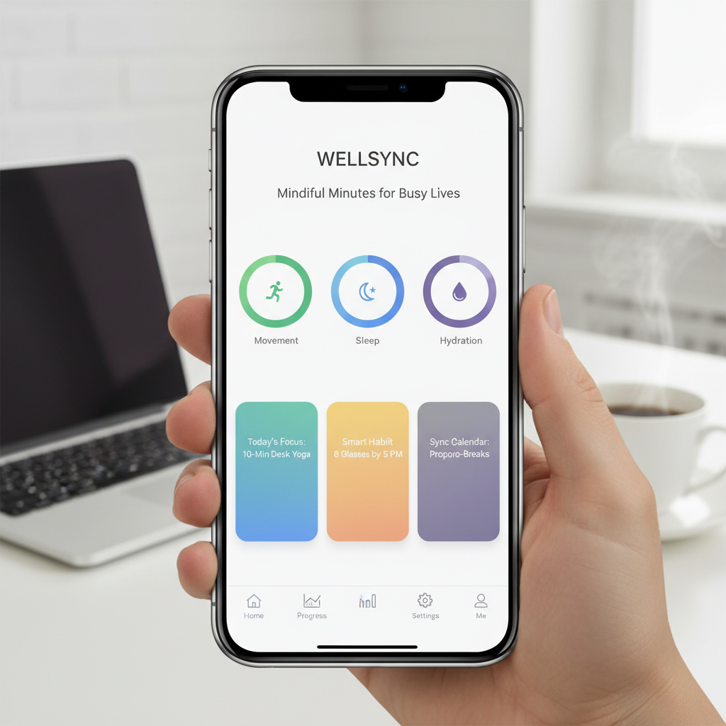 Person using health app on smartphone, wellness tracking interface visible on bright screen, clean white desk background