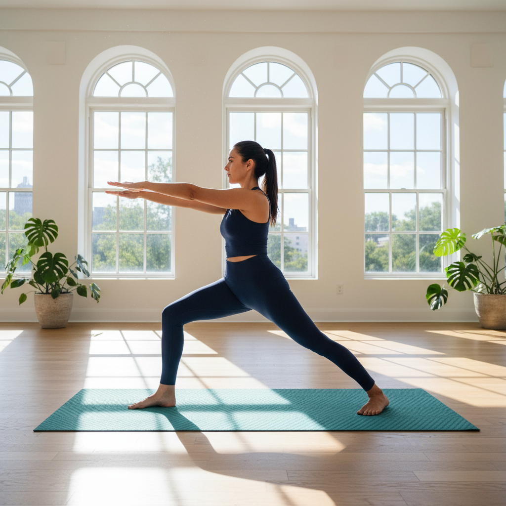 Female yoga instructor in yoga pose, serene studio, natural light
