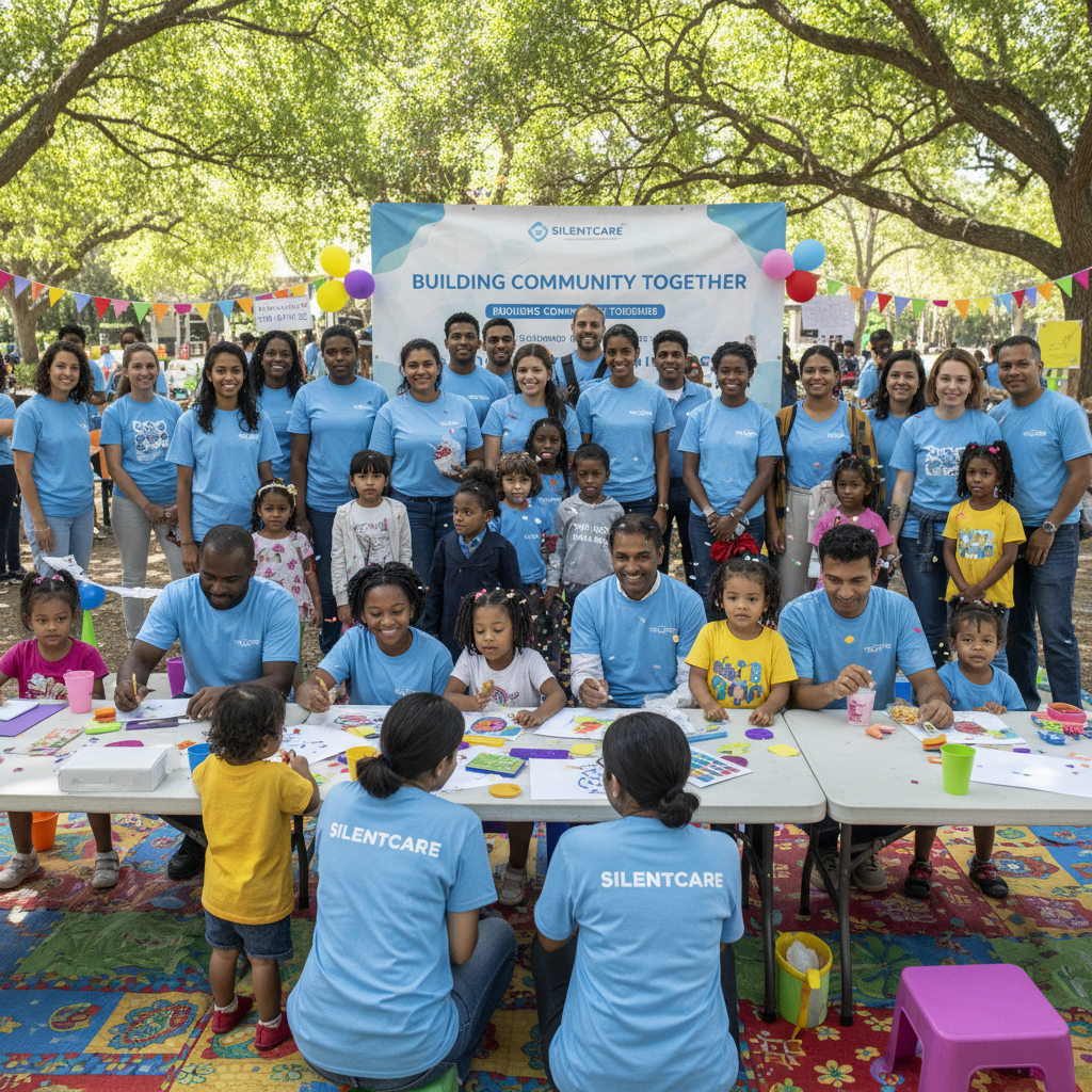 Diverse group of smiling volunteers wearing matching t-shirts standing together with raised hands
