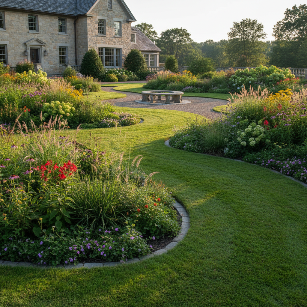 Formal garden redesign with curved lawn edges and mixed indigenous planting