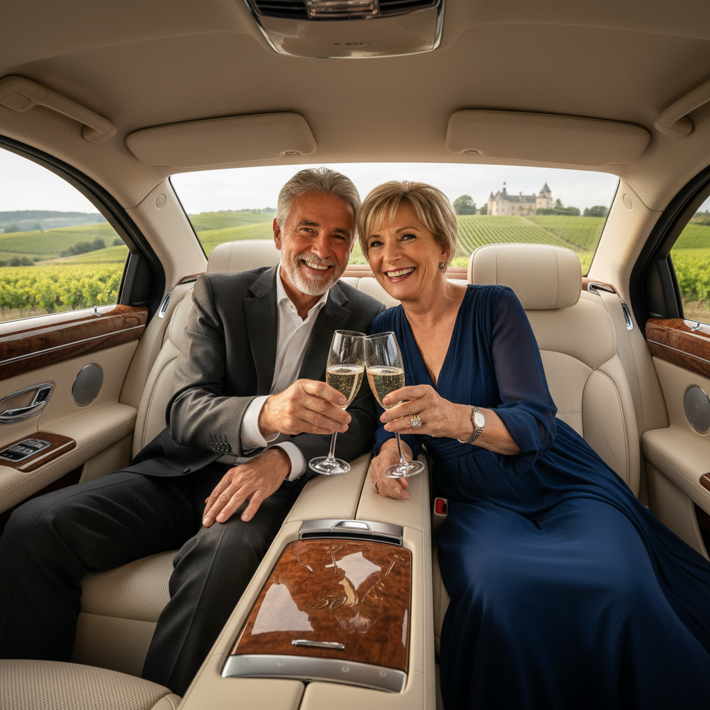 Elegant mature couple celebrating anniversary in luxury sedan with champagne glasses and romantic vineyard setting visible through windows