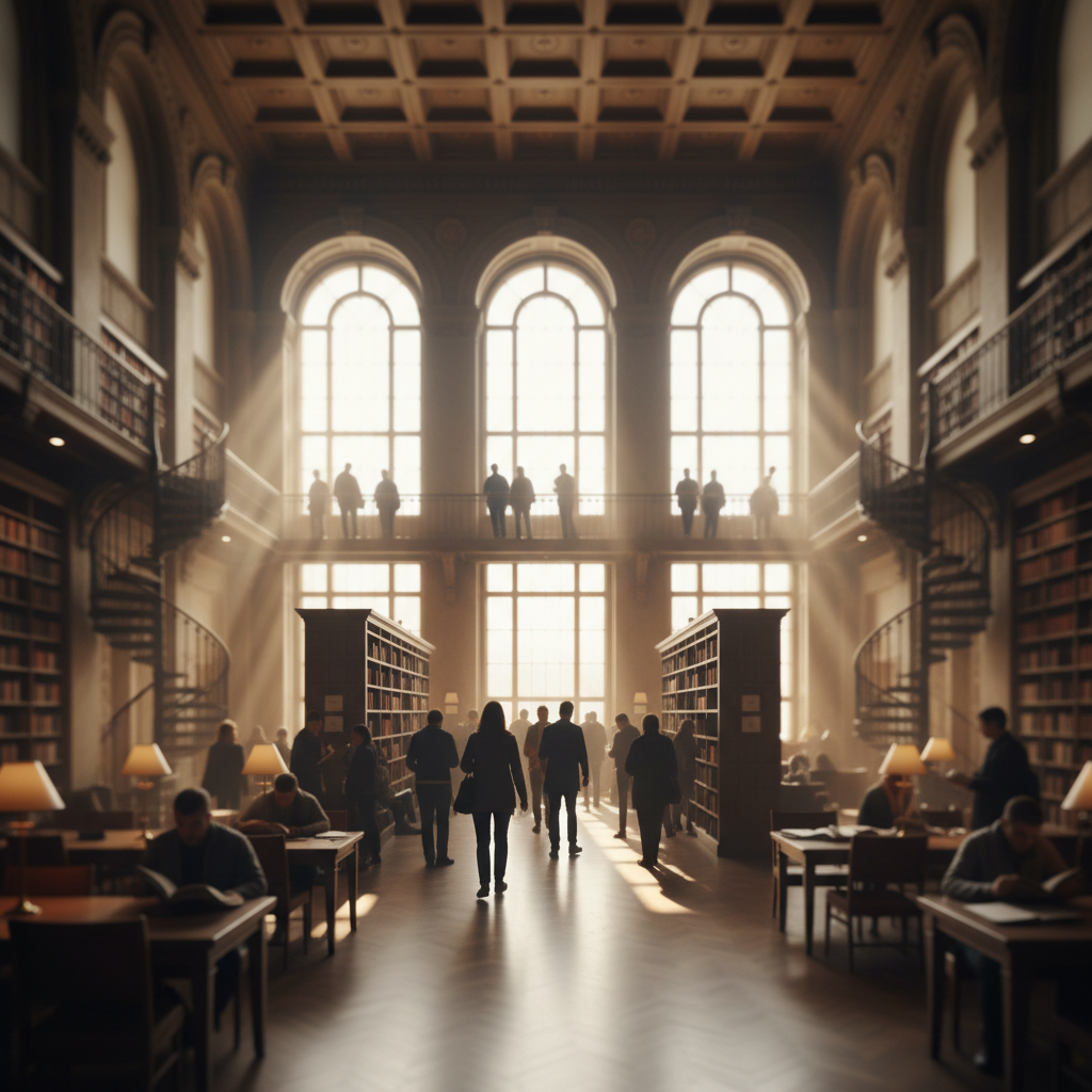 Library interior with tall windows, patrons silhouetted against natural light, shelves receding in soft focus