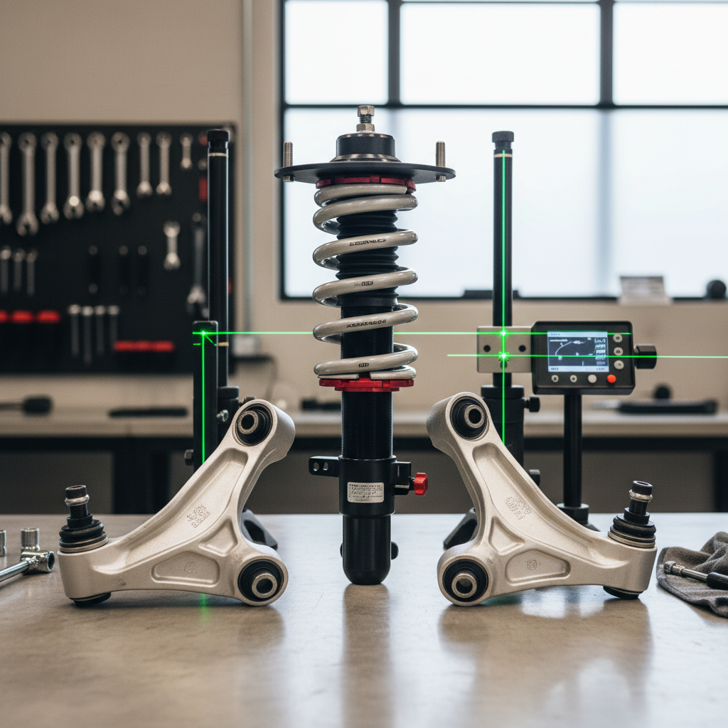 Coilover suspension components laid out on workshop floor showing springs and dampers