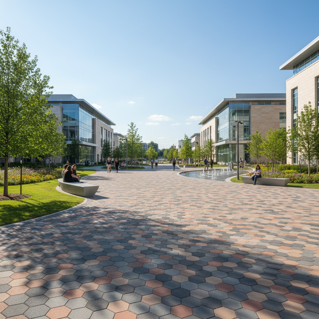 National institute campus with wide pathways, trees, and institutional buildings in daylight