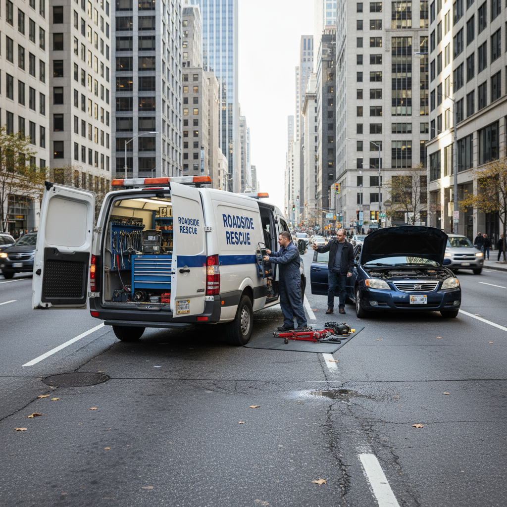 Mobile mechanic with tools ready for on-site vehicle repair, outdoor daylight