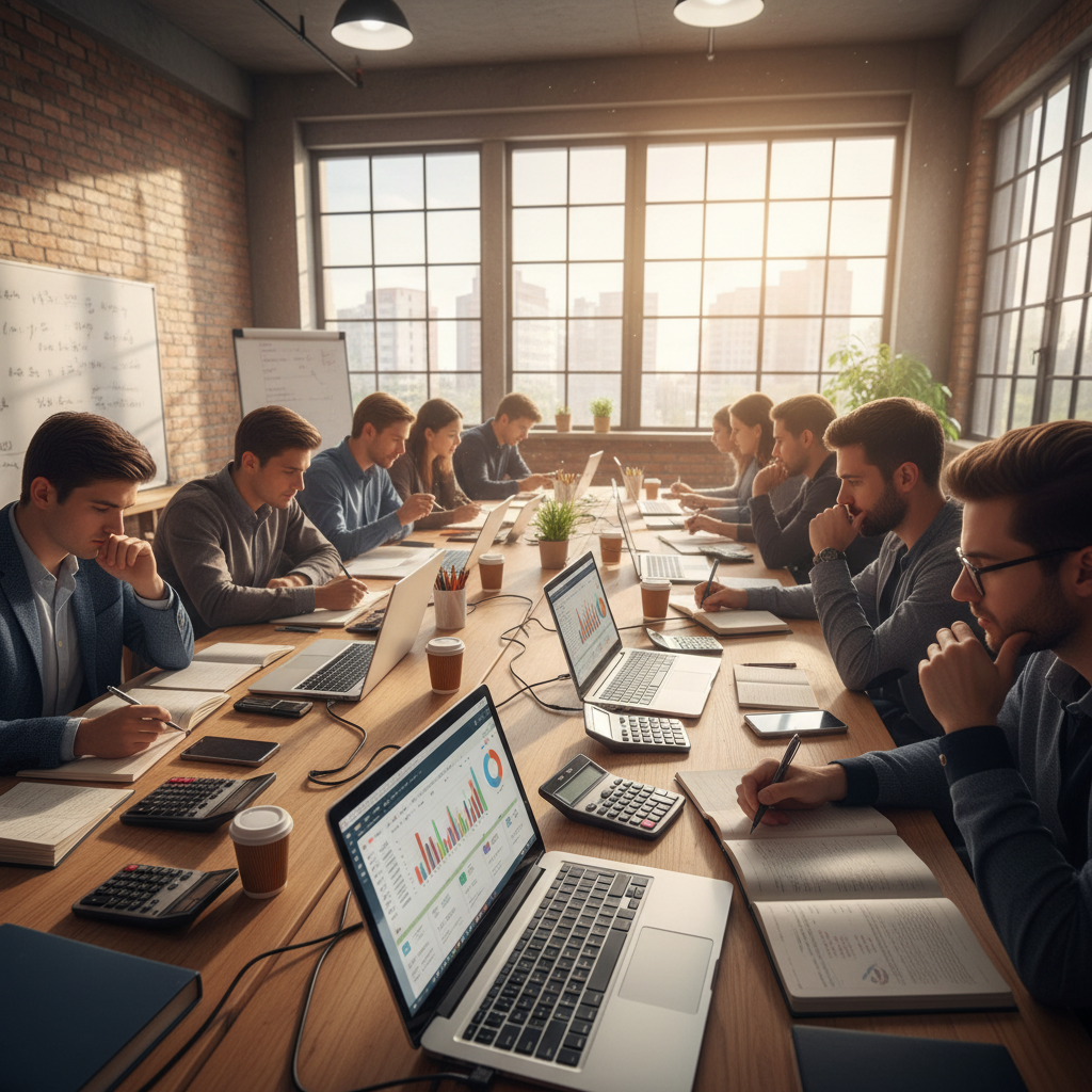 Commerce student reviewing financial charts and accounting books at study table