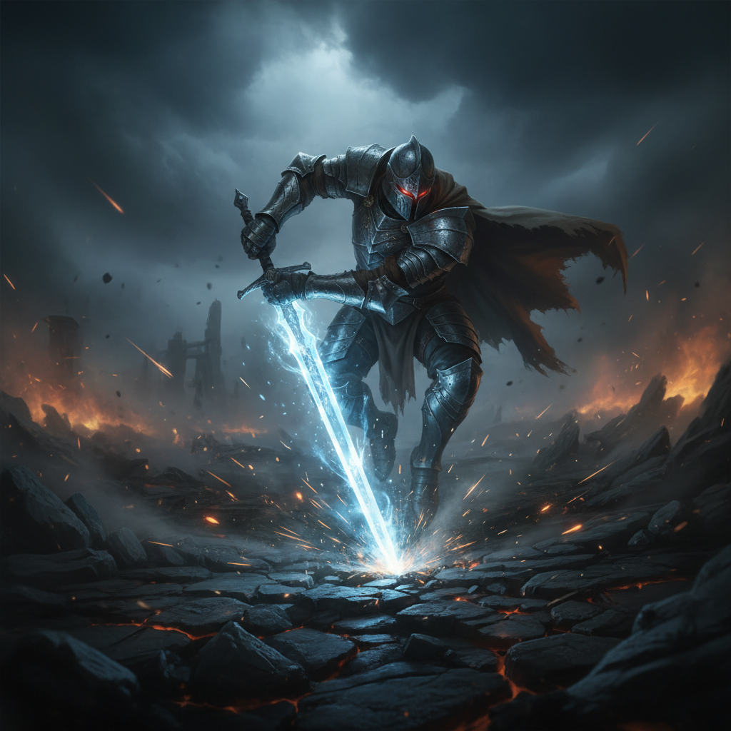 Dark warrior silhouette against bright fire, dramatic action combat scene, dark atmosphere, intense flames