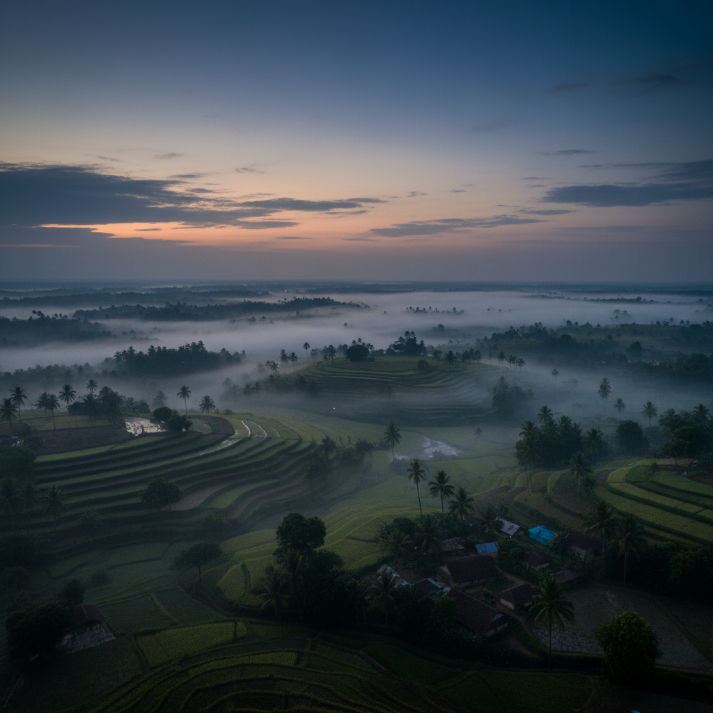 Bali rice terraces at dusk with deep green shadows and atmospheric mist