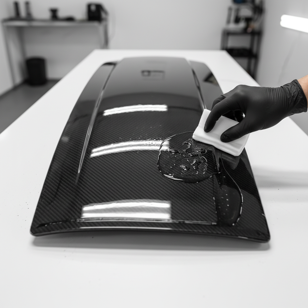 Craftsman hands working on carbon fiber car bodywork in dim workshop, dark industrial setting, focused lighting on hands