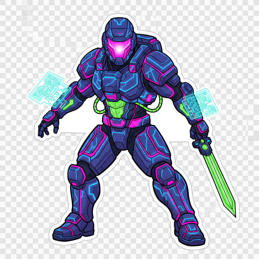 Preview karakter cyberpunk dengan neon effects untuk proyek Sci-Fi Action Game