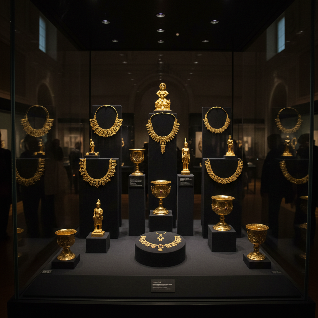 Ancient bronze surgical tools displayed in museum case, archaeological artifacts, dramatic museum lighting